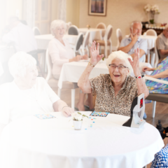 Senior residents participating in a group activity in an assisted living community